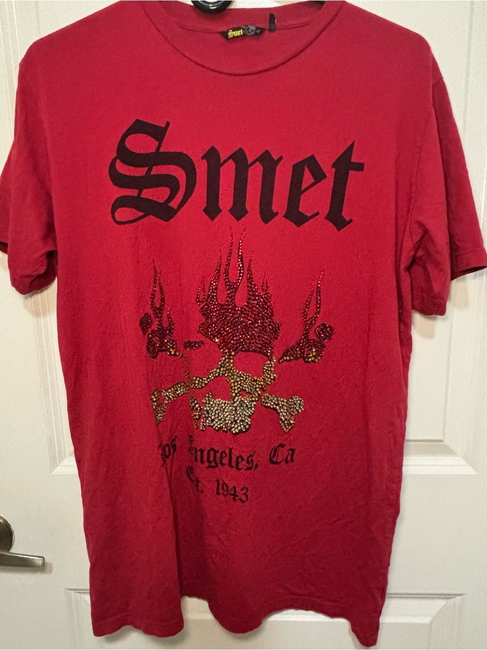 Christian Audigier Red Graphic Tee with Studded Skull